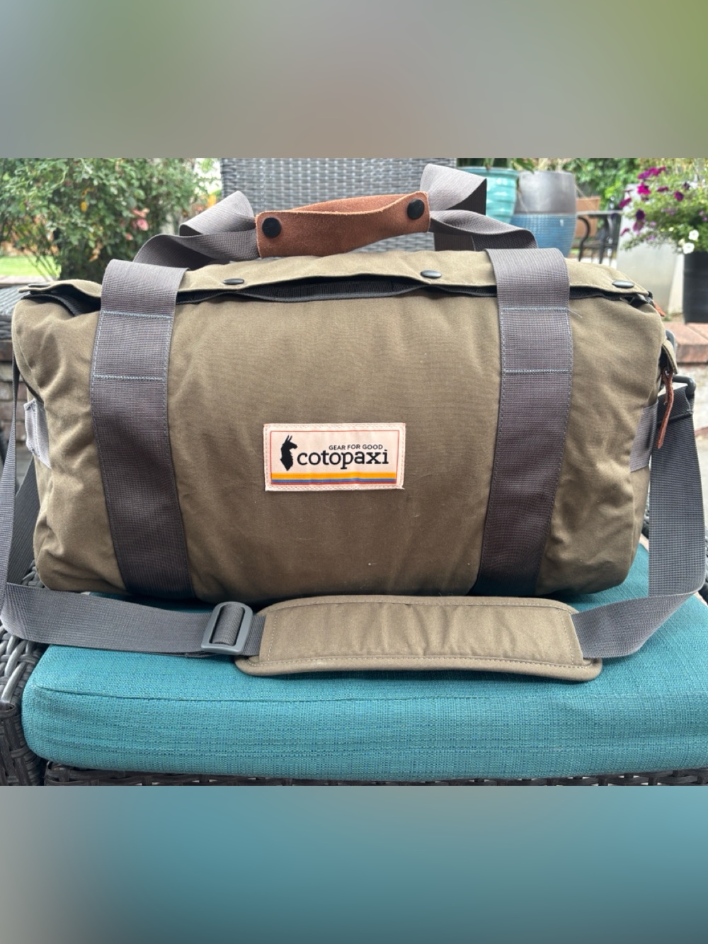 cotopaxi Olive Brown Canvas Duffel Bag with Gray Straps